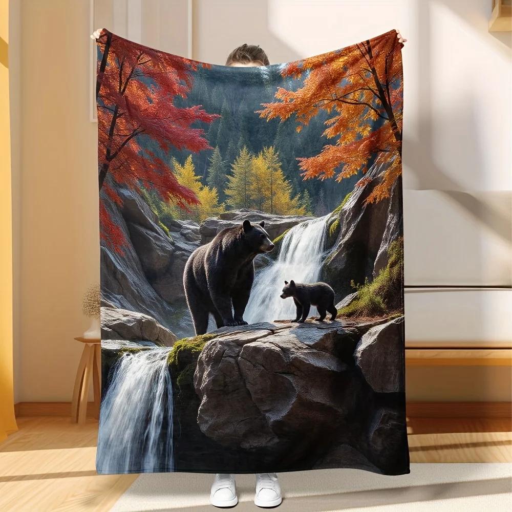 Autumn Bears Family Waterfall Print Blanket Cozy Fall Wildlife Forest Throw Decor