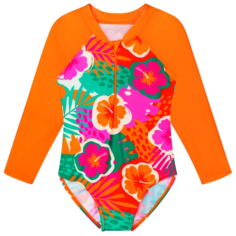 4 -11 Years Girls Swimsuit UPF 50+ UV Swimwear Sun Protective One Piece FlowerPatter Beachwear with Ziper Surfing Suit Rashguard