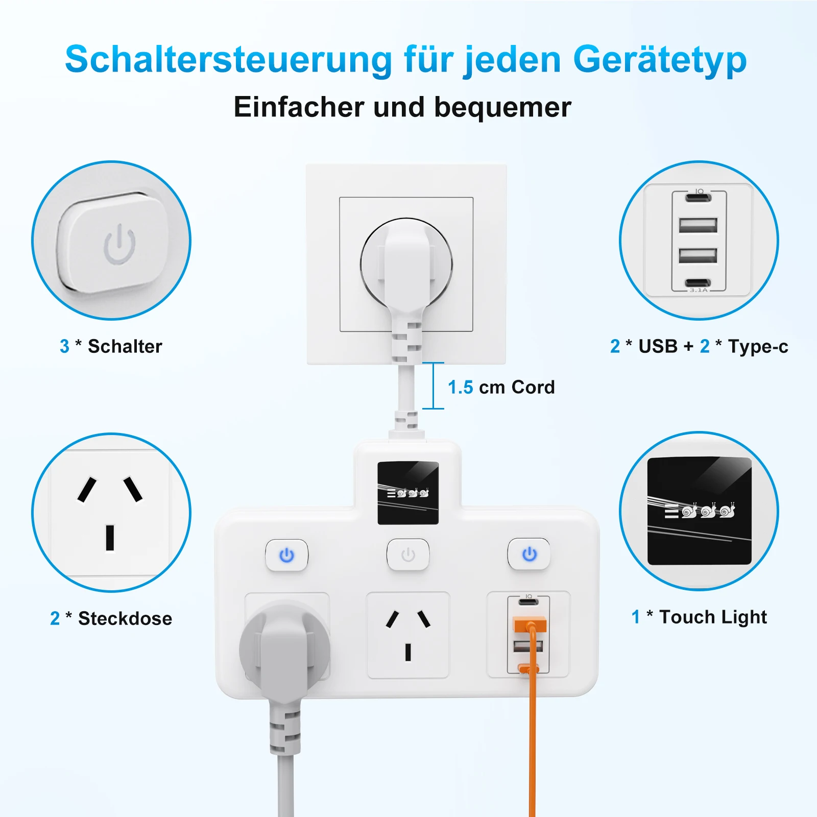 Smart touch control socket USB/Type-C fast charging with 3-level dimming night light short plug design switch socket