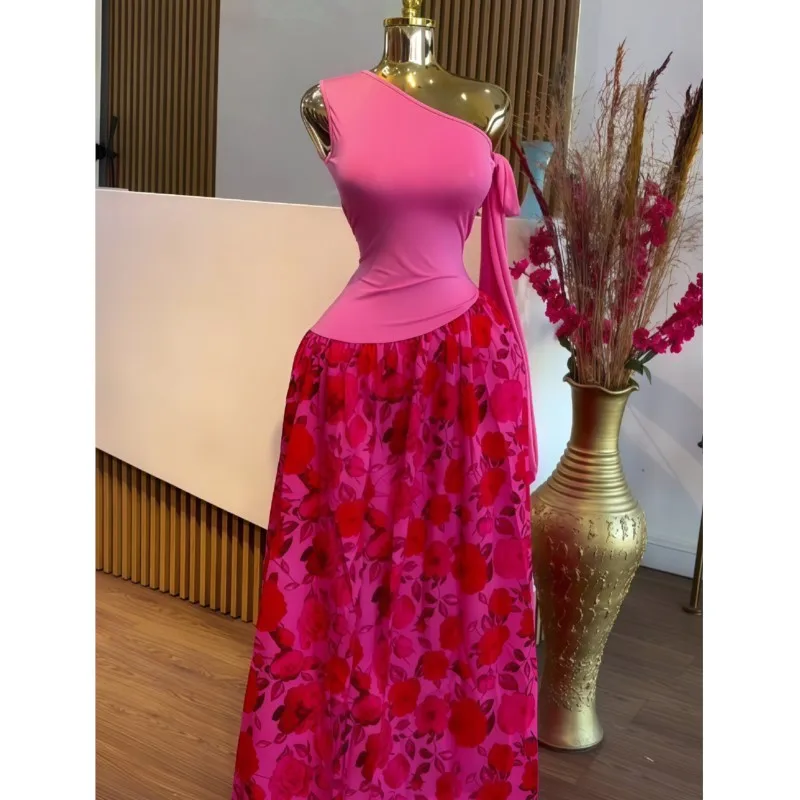 2025 Elegant Dress Temperament Vestidos Commuting Long Dresses Off Shoulder Patchwork Printing Strap Skew Collar Slim Sleeveless