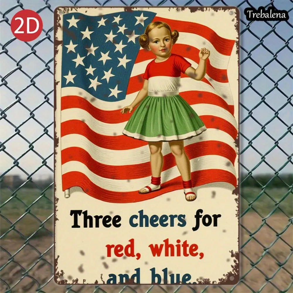

"Vintage Patriotic Tin Sign: 'Three Cheers for Red, White, and Blue' - Americana Decor
