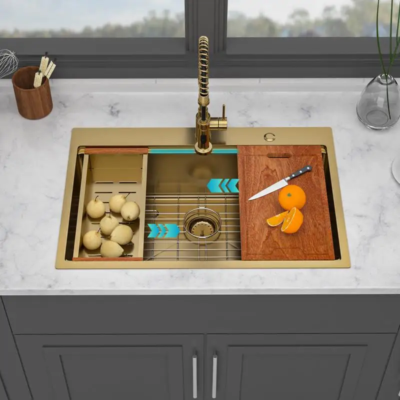 

33" Drop-in Gold Kitchen Sink - 33x22 inch Topmount Single Bowl 16 Gauge Stainless Steel Workstation Sink