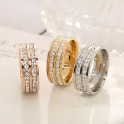 Fashin 2 Rows Crystal Stainless Steel Ring Pave Setting Rhinestone Wedding Rings For Women Men Elegant Engagement Jewelry 5-10