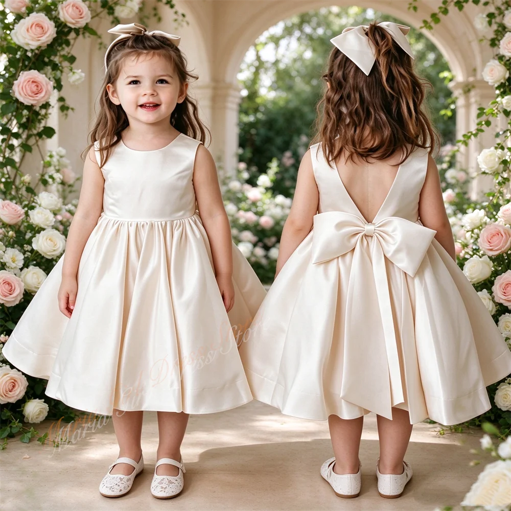 Baby Girls' Dresses Light Pink High-quality Satin Fabric with Exposed Back Bow and Sleeveless Children's Baptismal Party Dress