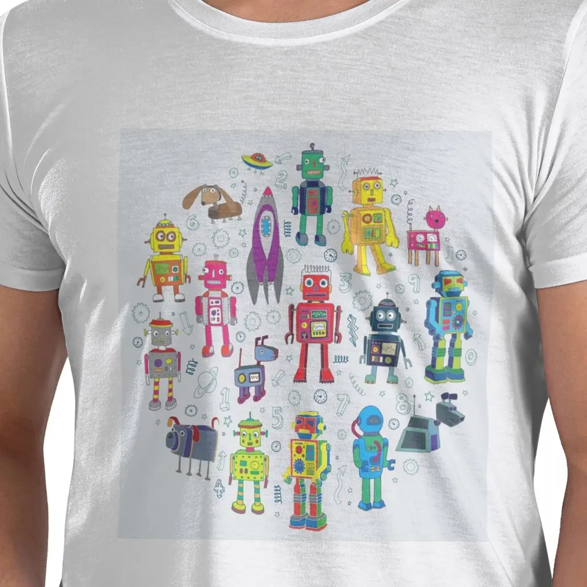 Robots In Space Grey Fun Robot Pattern By Cecca Designs 100% Cotton T-Shirt Men'sClassic T Shirts Men Crew Neck Short Sleeve
