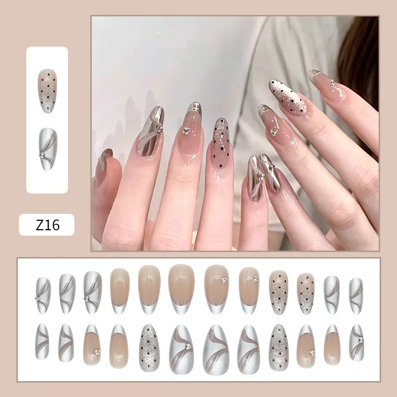 3D Silver Metal French Ribbon Wave Dot Fake Nail Magic Mirror Pink Cat Eye Spot Diamond Fake Nail Suitable for Women's Parties