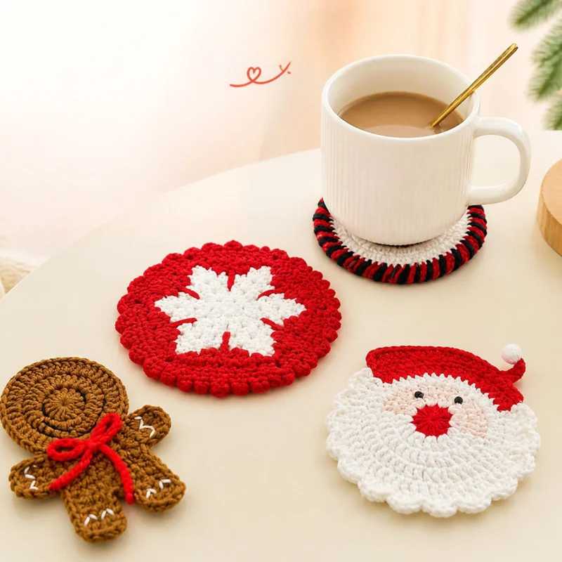 2026 Christmas Crochet Coaster Cute Knitted Coffee Pad Desk Accessories Christmas Gift