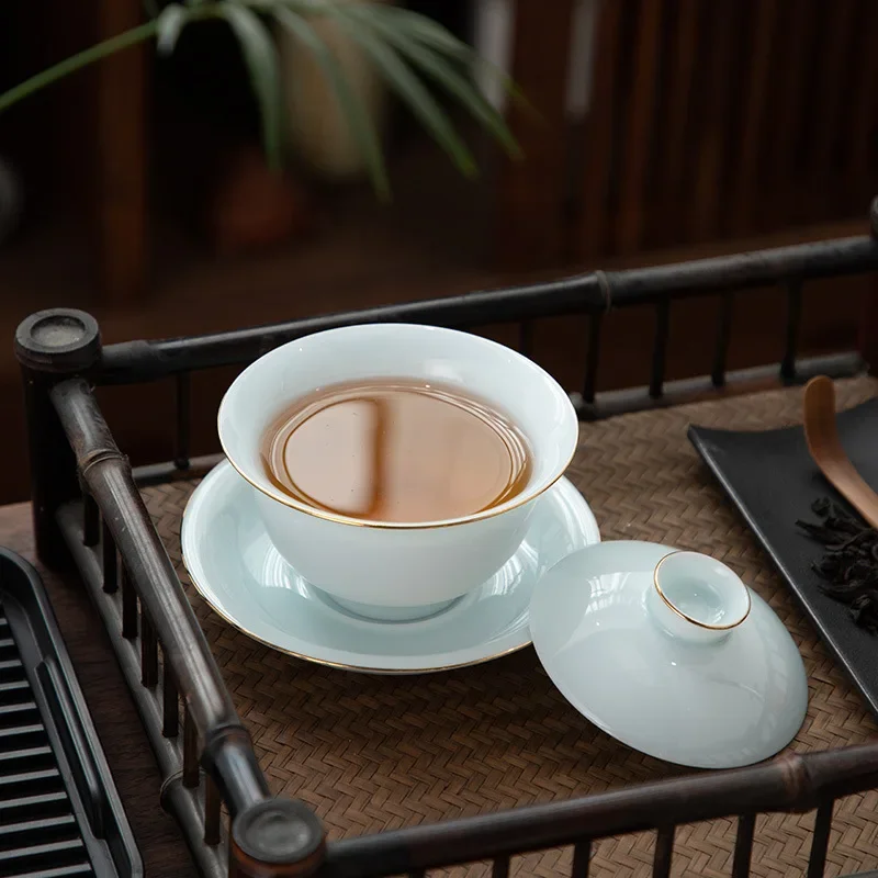 Dehua White Porcelain Three-cai Bowl Single High-end Tea Kung Fu Tea Mutton Fat Jade Ceramic Gemstone Blue Gold Celadon Gaiwan