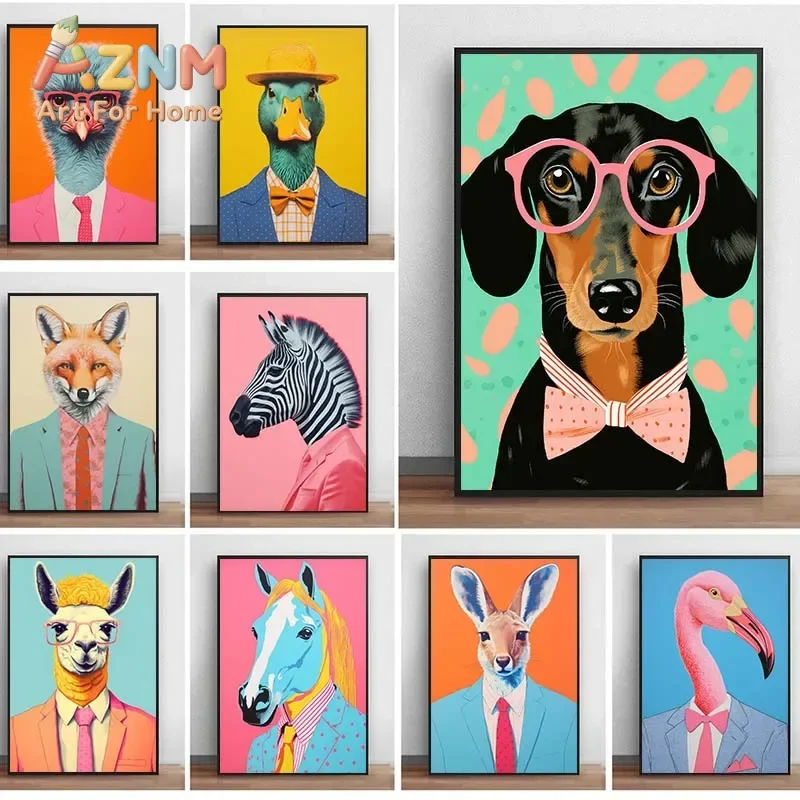 Funny Animal Portrait Wall Art Poster Prints Dog Duck Alpaca Ostrich Wearing Suit Canvas Painting Home Living Room Decor Pict