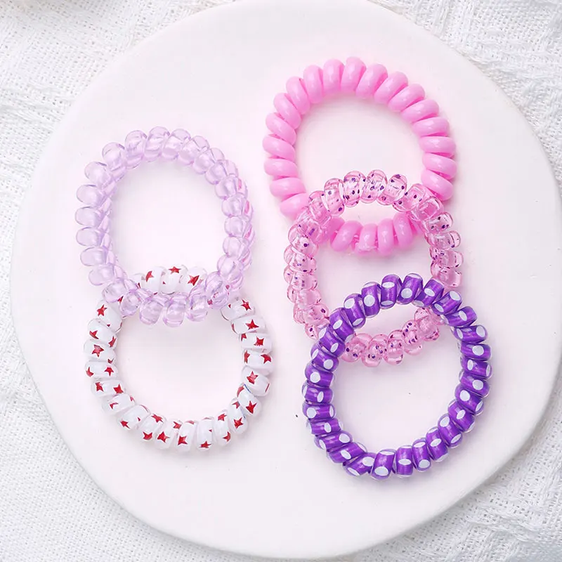 6pcs Telephone Cord Scrunchies Spiral Hair Ties Sweety Star Flower Print Phone Cord Elastic Hair Bands Hair Accessories