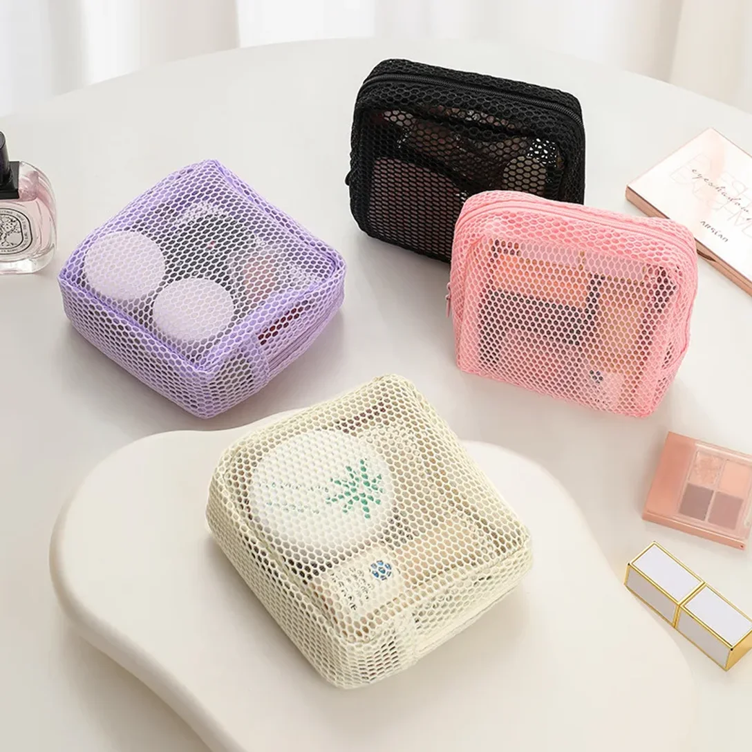

Square Mesh Cosmetic Bag Portable Lipstick Cosmetic Storage Bag with Zipper Multi-purpose Sundries Storage Bag Cute Student Case