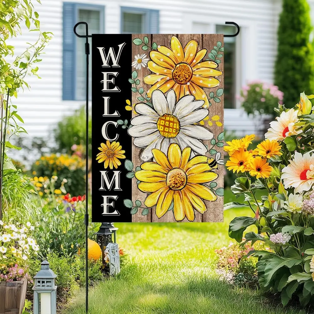 CROWNED BEAUTY Summer Garden Flag Daisy Sunflower Double Sided 12x18 Inches Small Burlap Seasonal Welcome Yard Spring Decora yyi