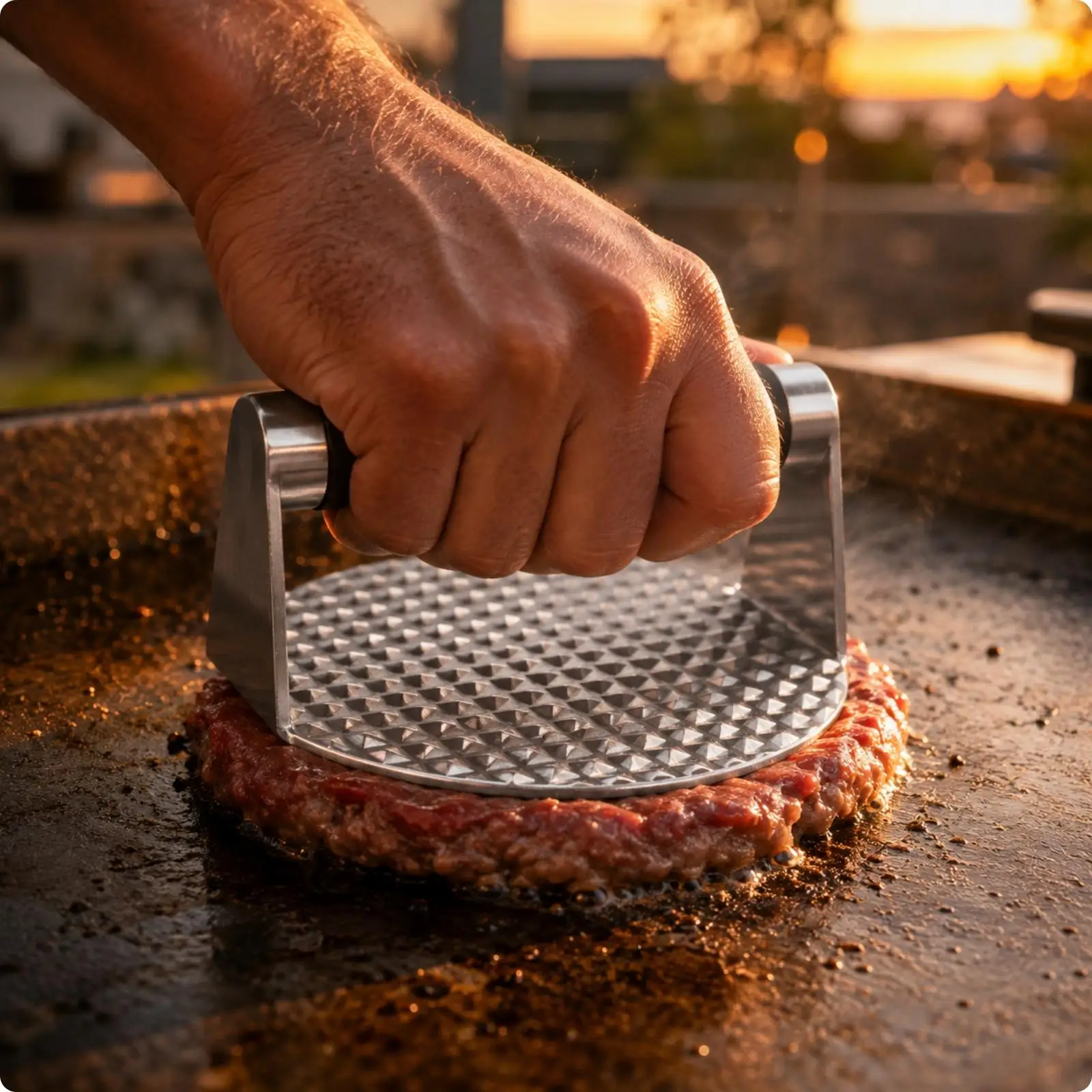 Conjunto de acessórios para grelha, com prensa para carne e espátula, utensílios de barbacoa em aço inoxidável para kit de cozinha ao ar livre.