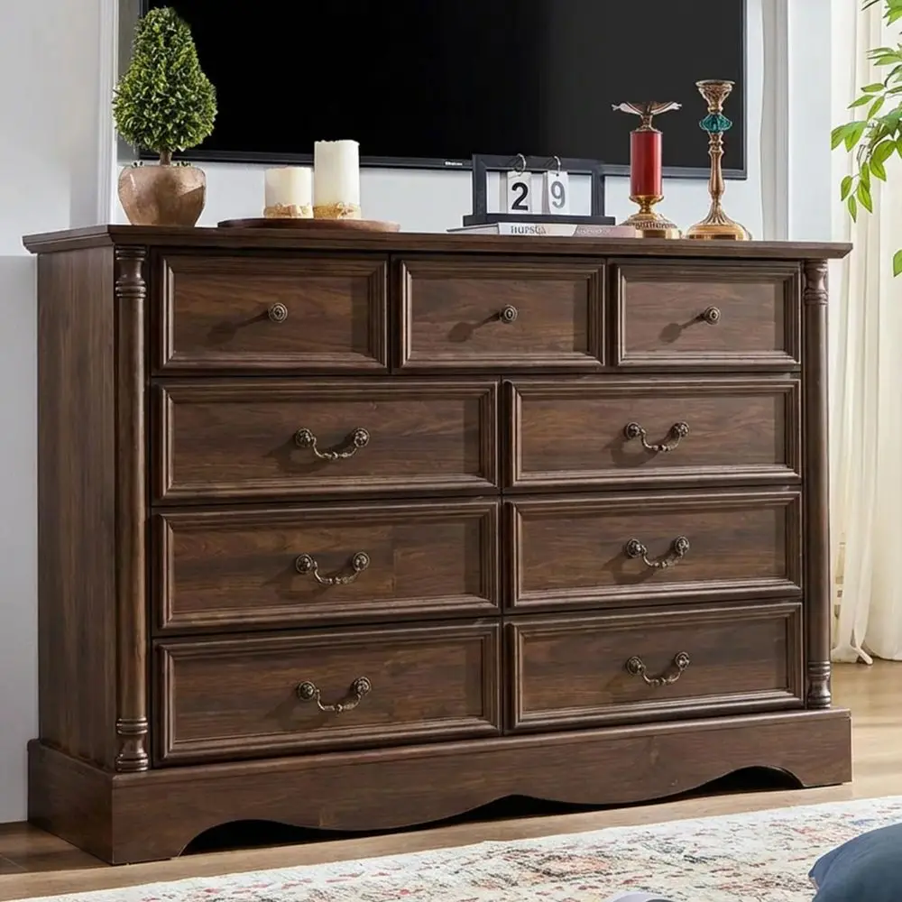 

Wide 54 Wood Rustic Storage Drawers Organizer with Vintage Design for Bedroom and TV Stand, Brown