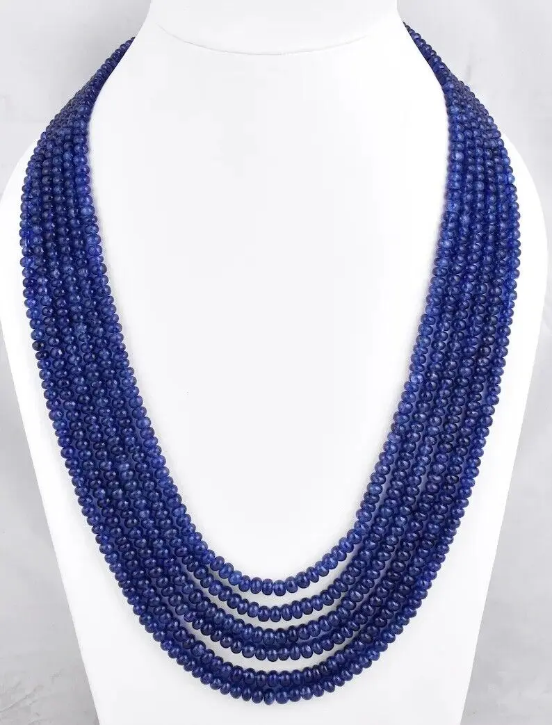 

Natural Blue Sapphire round Smooth 6 Lines Beaded Necklace,2*4mm 18 Inches,AAA+