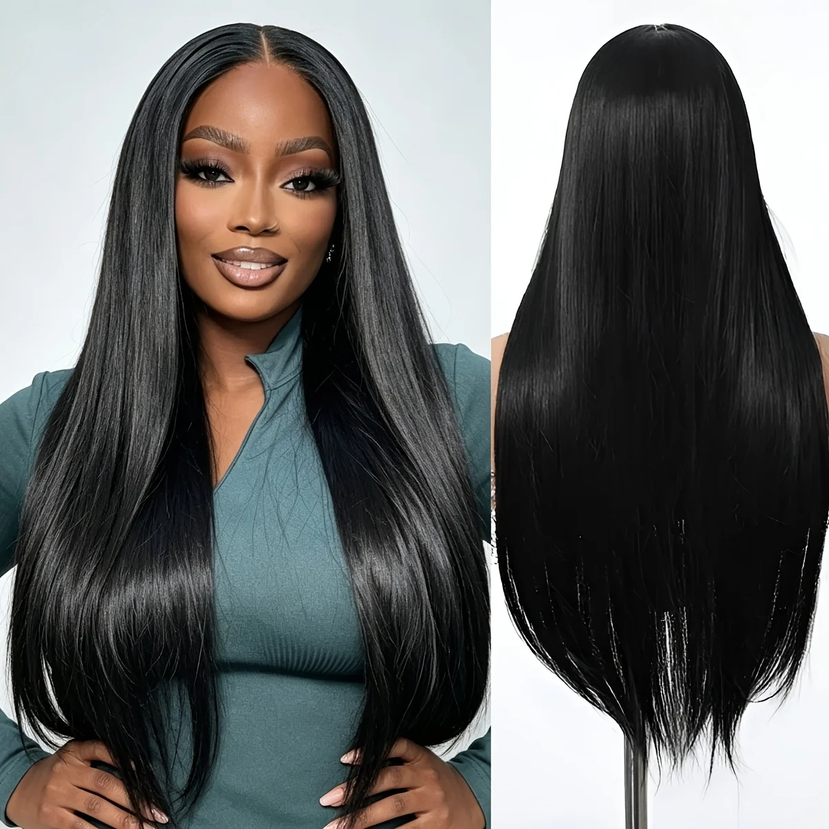 An attractive black long straight hair wig with a mid-section design, high-density heat-resistant synthetic fiber, 26 inches