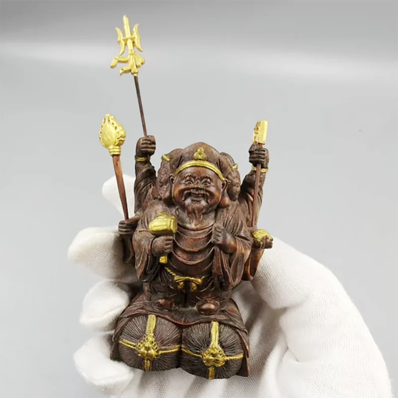 QH102 - 11 X 5 X 4CM Boxwood Carved Figurine -Daikokuten God of Wealth & Fortune