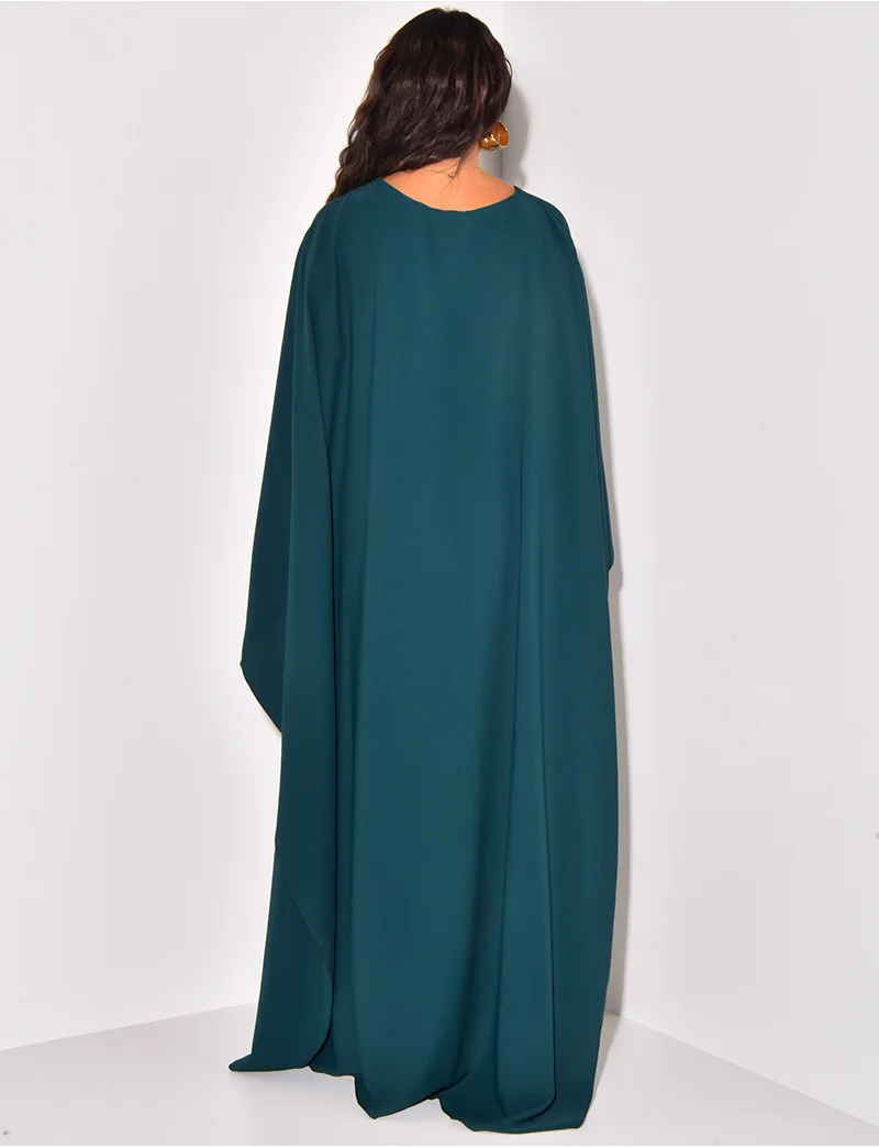 Muslim Clothing Women Fashion Satin Long Bat Sleeves Solid Dress Robe 2023 Autumn Elegant Round Neck Loose Maxi Long Dresses