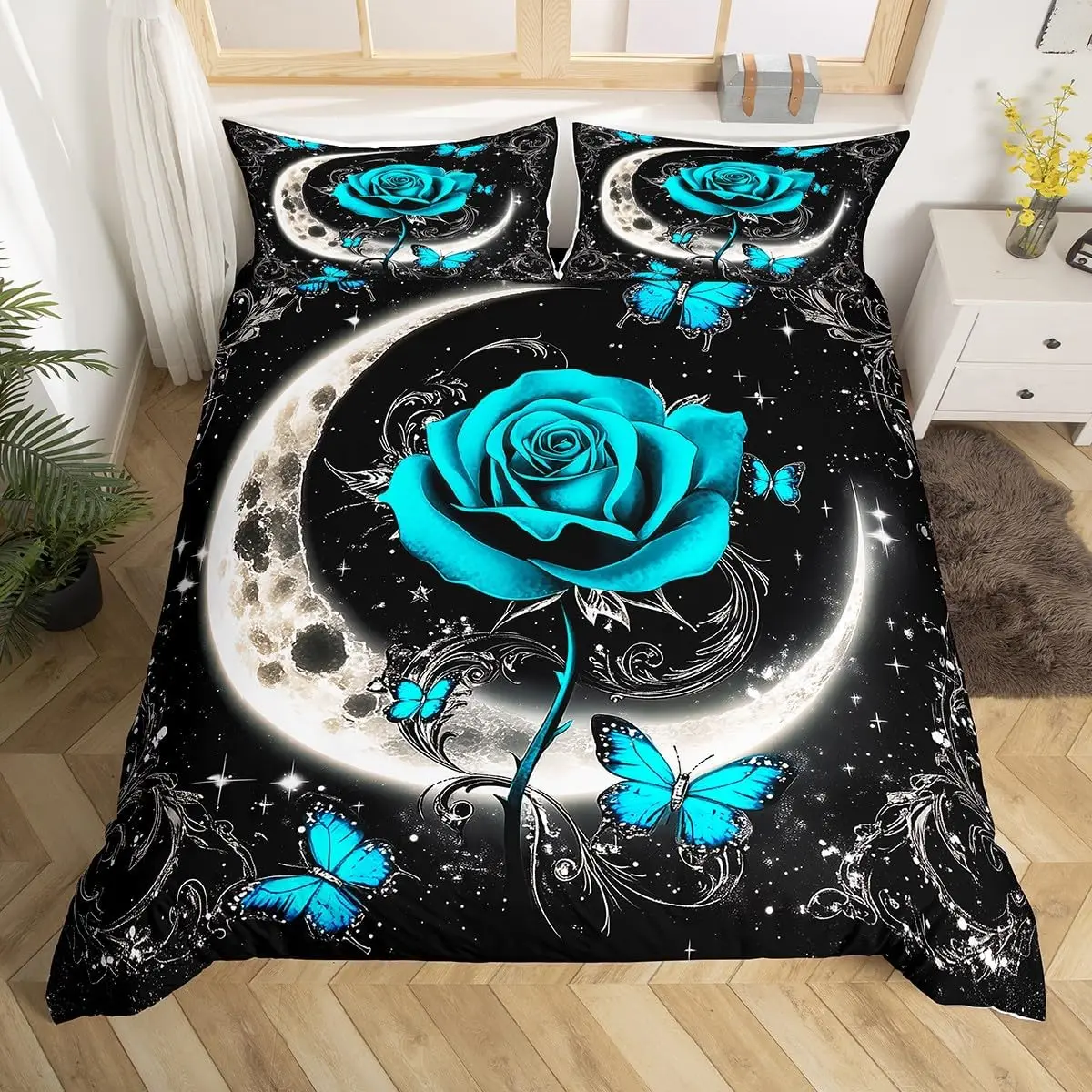 Rose Flower Bedding Set Twin King,Galaxy Moon Rose Duvet Cover Set For Boys Girls Room Decor,Valentine's Day Floral Quilt Cover