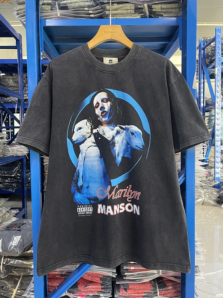 

Футболка в готическом американском ретро-стиле с принтом Мэрилин Мэнсон, утяжеленная, с круглым вырезом, в стиле Канье Уэста, для молодежи