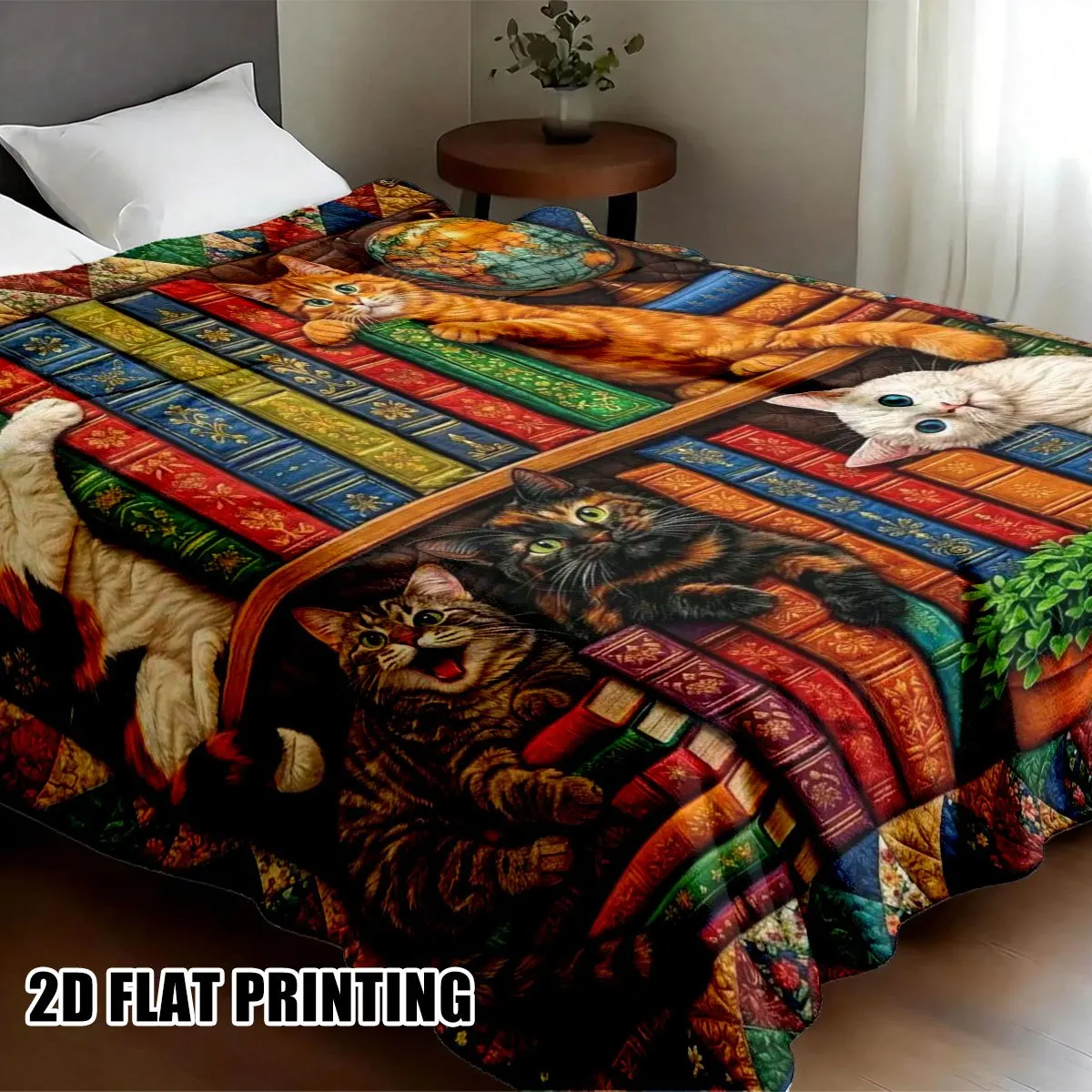 Library Cats Flannel Blanket Bookshelf Kitten Globe Patchwork Print Throw Soft Warm Blanket for Sofa Bedroom Home Room Decor