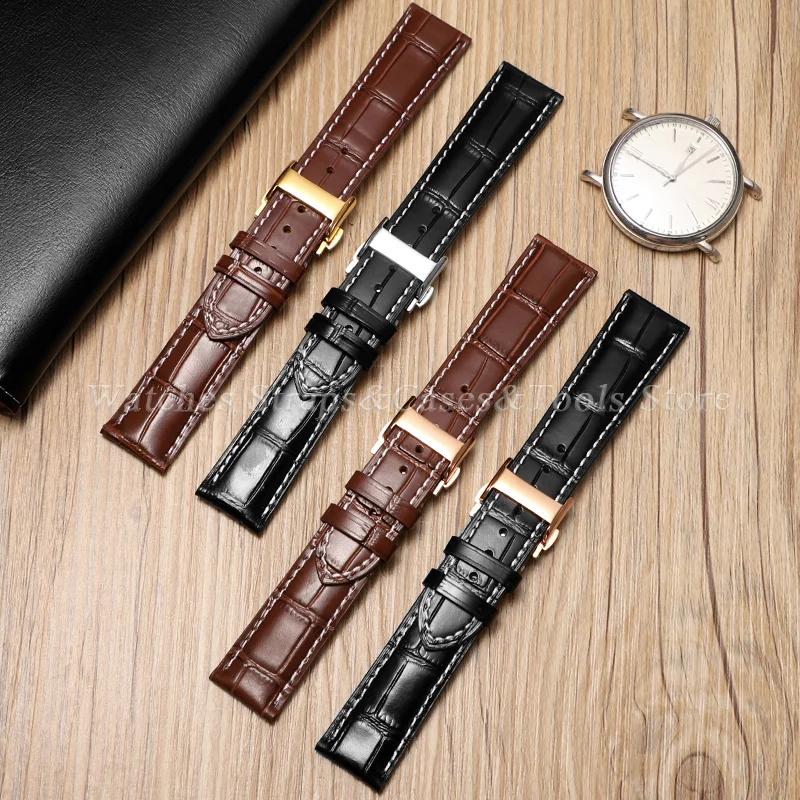 For Longines Watch Strap Cowhide Leather Butterfly Double Push Buckle Watchband 13/14mm 16mm 18mm 19mm 20mm 21mm 22mm Wristband