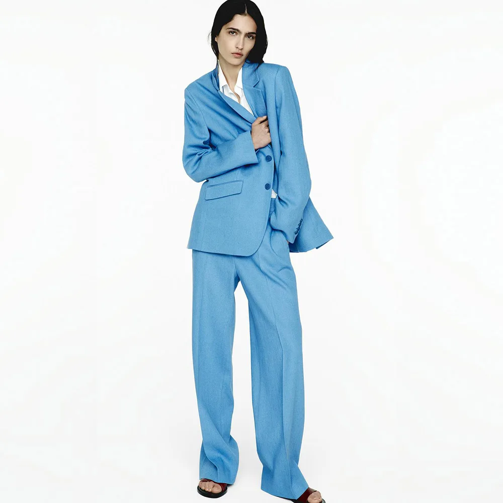 

High Quality Light Blue Women 's two pieces Suit Sets Single Breasted Jacket Pants Sets Fit Office Daily Life Female Clothing