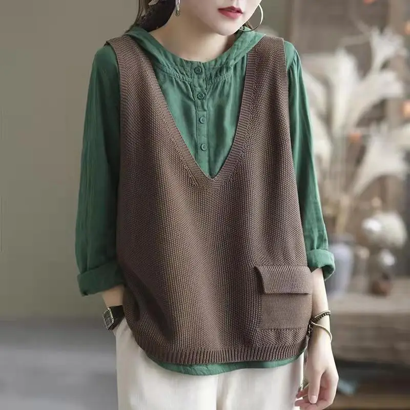 Spring Autumn New Fashion V-neck Solid Color Sweater Vest Women\'s Clothing Pockets Loose Casual All-match Korean Knitting Tops