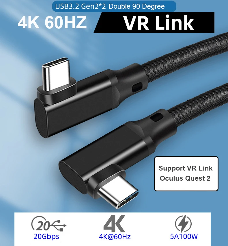 90 Grad USB3.2 Gen2 20 Gbit/s VR USB-C Daten VR Link Kabel Typ-C 4K@60Hz Video 100 W PD 5A Schnellladekabel für Quest 1/2 – Detail 1