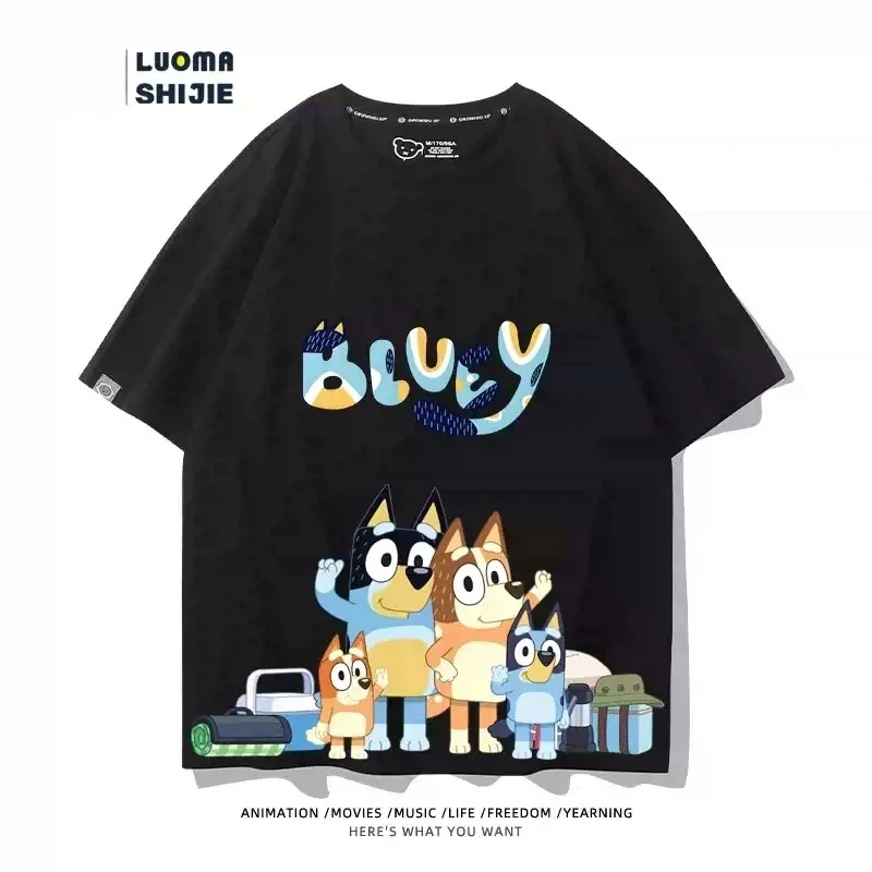 2024 Summer Bluey Dog Animation Parent-child Peripheral Short-Sleeved Boys And Girls Cotton Cartoon Cute Everything T-Shirt