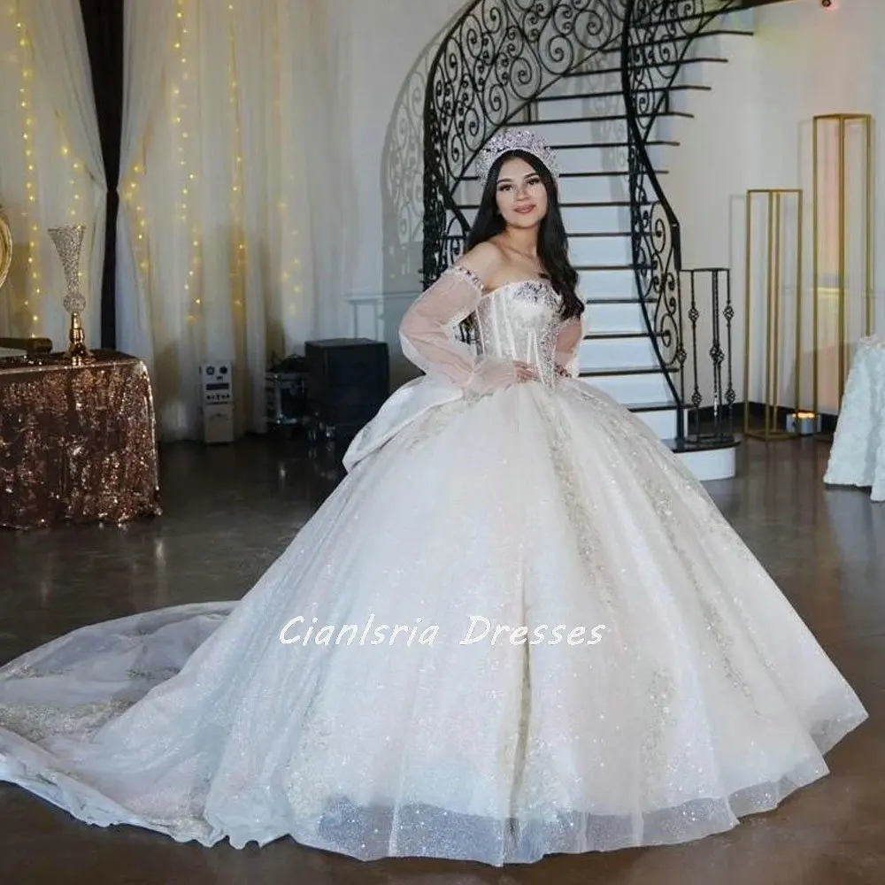 Vestido De quinceañera De manga larga con cuentas De diamantes brillantes, apliques De hombros descubiertos, corsé De cristal, 15 Años