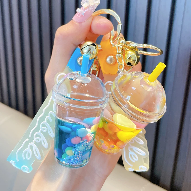 Cute Liquid Pearl Milk Tea Cup Key Chain Creative Quicksand Floating Jelly Bean Keyring Backpack Pendant Keychain Gift For Women