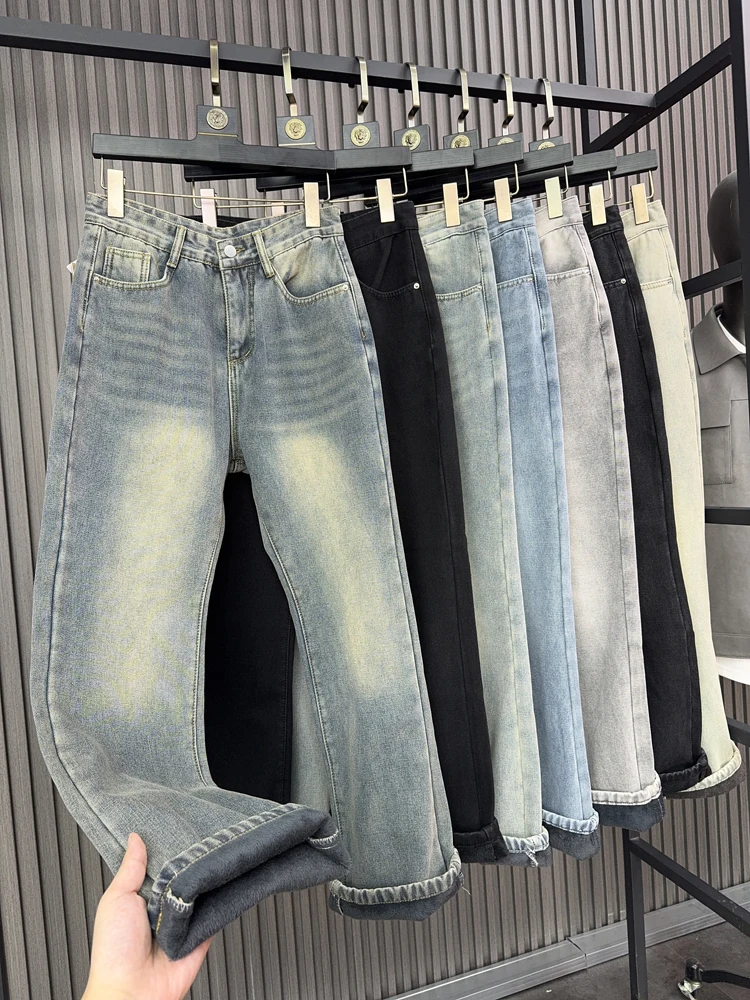 

Men's Fce Lined Thiened Casual Vintage Warm Wide Leg Straight Cut Denim Jeans Autumn Winter Faionable Comfortable Fit
