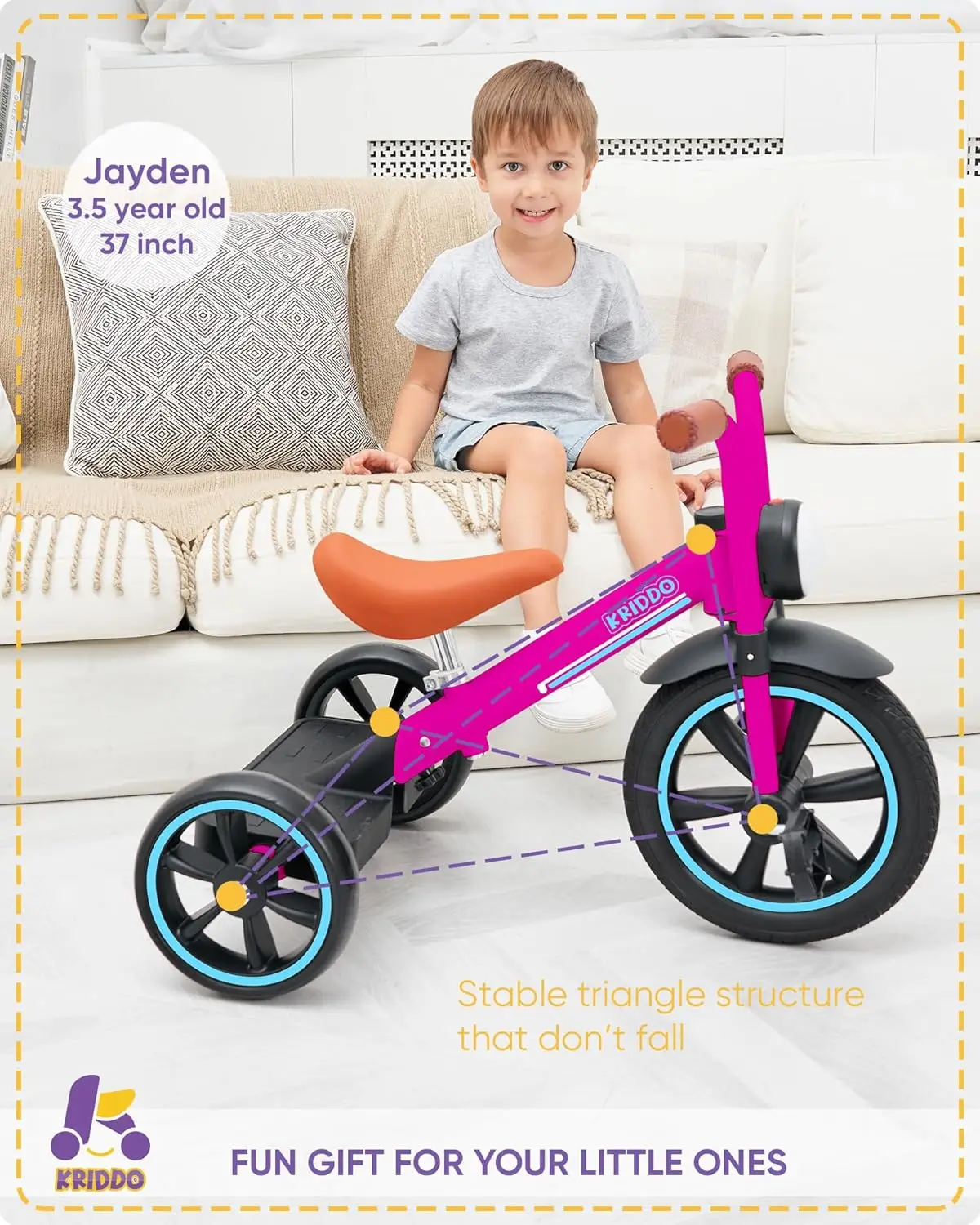 Kinderen Driewieler, 12 Inch Lekvrije Rubberen Wiel Met Voorlicht, Verstelbare Zithoogte, Cadeau Voor 2-5 Jaar, Roze