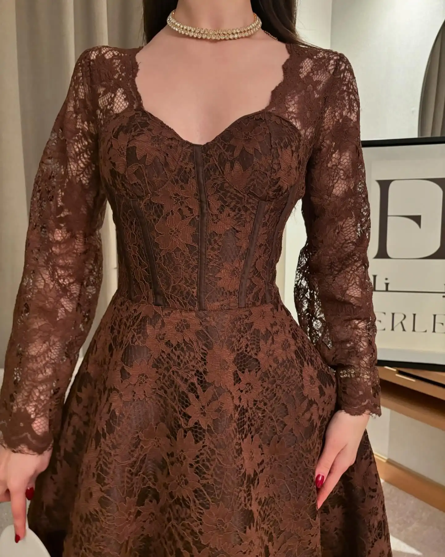 Mila marron foncé profond V robes de bal dentelle manches longues jupe évasée personnalisé formel soirée robe élégante vestidos de gala 2025