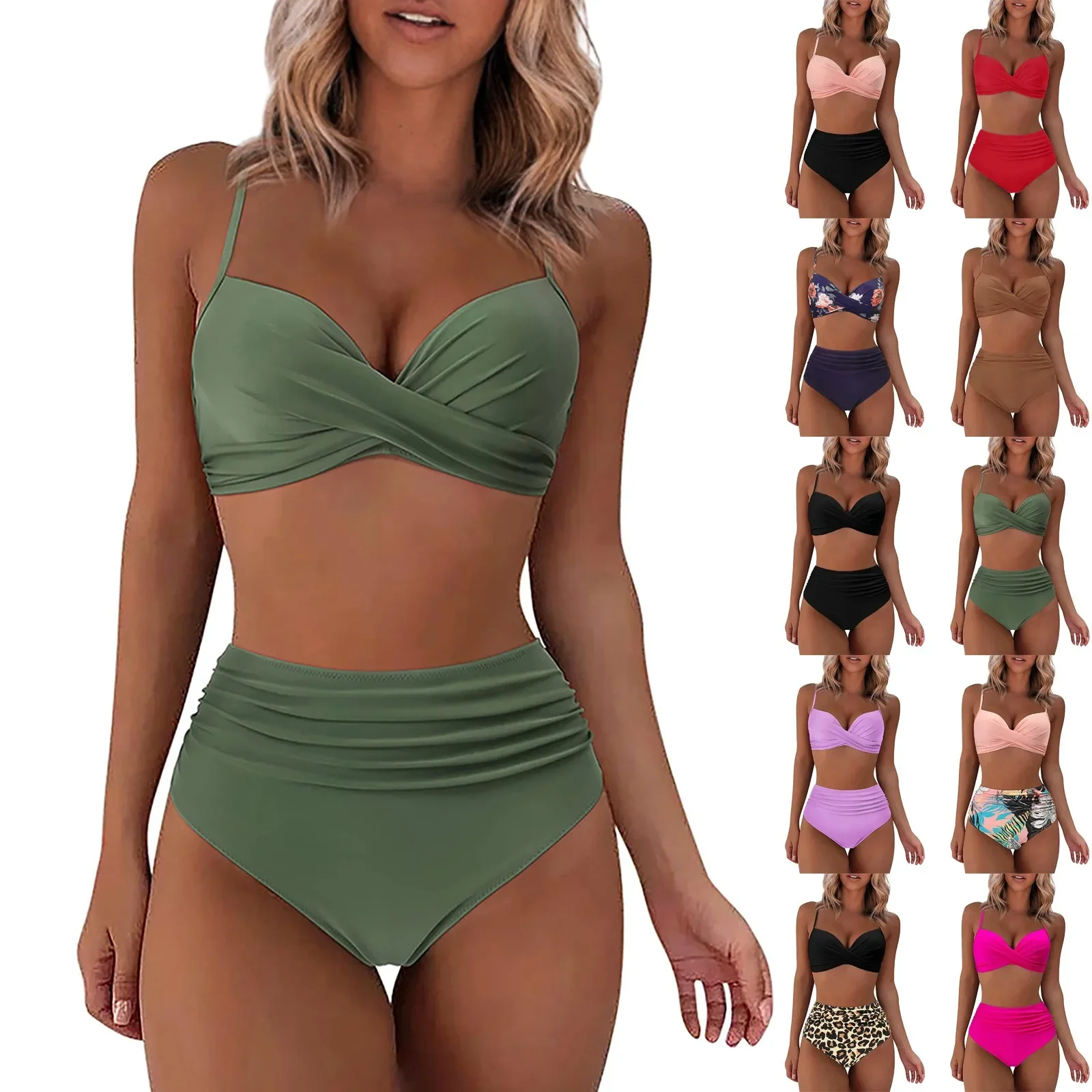 Maillot de bain deux pièces pour femmes, sexy, imprimé, fendu, taille haute, push up, couleur unie, printemps été 2024