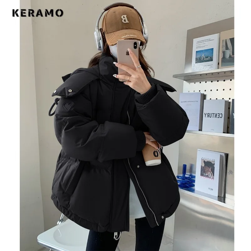 Women Casual Sweet Heart Appliques Long Sleeve Single Breasted Parkas 2023 Winter Oversized Outerwear Jacket Warm Solid Coat