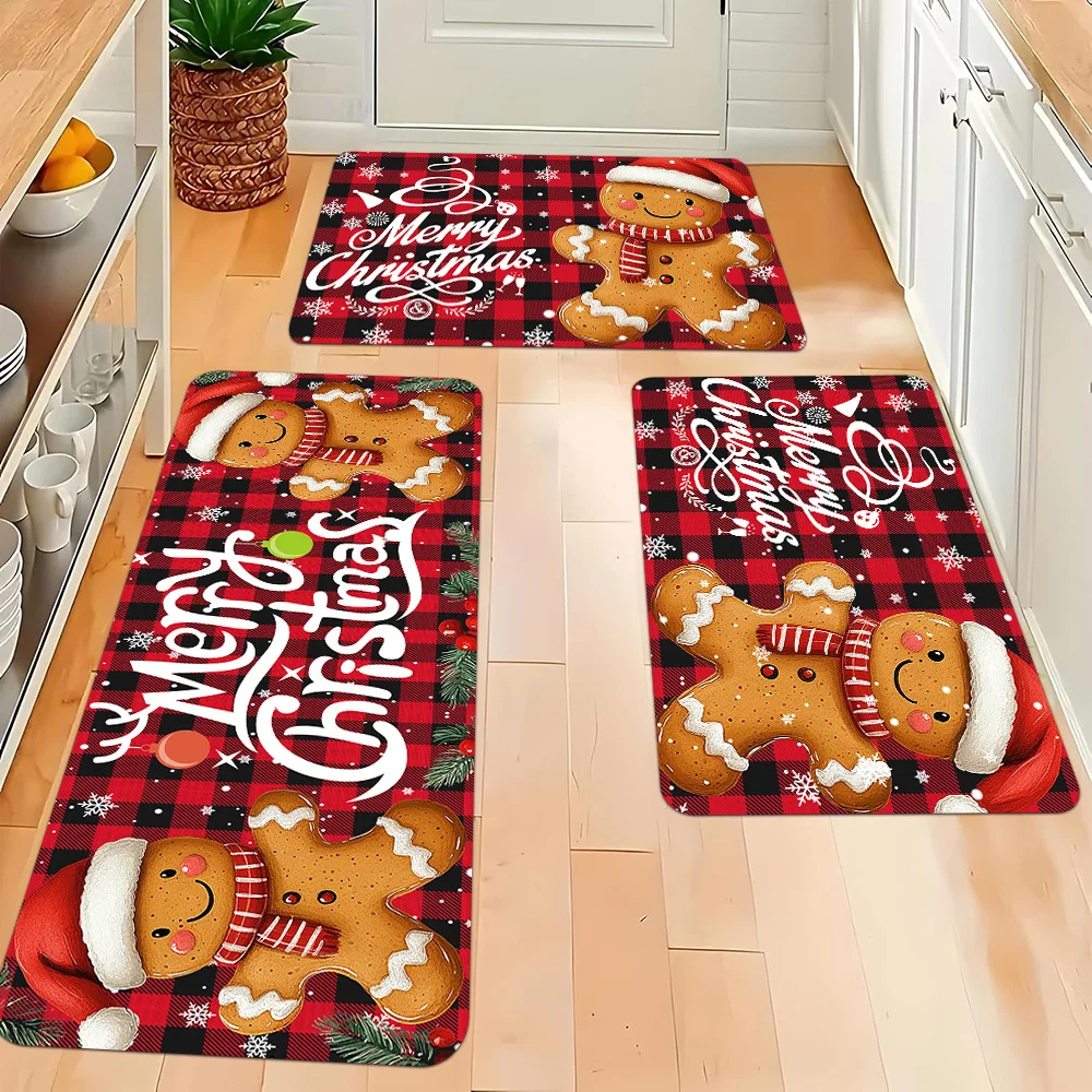 1/2/3pcs Gingerbread Man Christmas Kitchen Mat Cute Candy Cane Pattern Home Floor Decoration Corridor Hallway Long Carpet