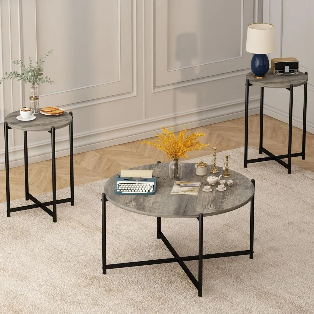 Modern Faux Marble Coffee Table Set with Golden Frame, Including 1 Large and 2 Small Tables for Living Room Decor