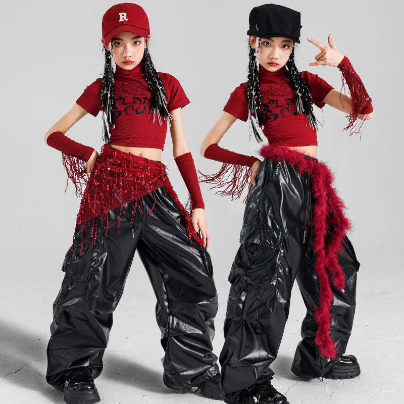 Hip Hop Mädchen Quasten Crop Top T-shirt Leder Hosen Street Dance Röcke Kinder K-pop Streetwear Kinder Jazz Kleidung Set kostüm