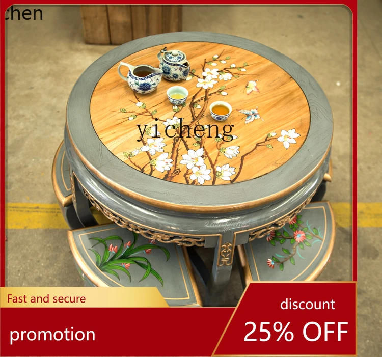 

YFY solid wood round dining table round table small apartment balcony living room household elm round dining table and chairs