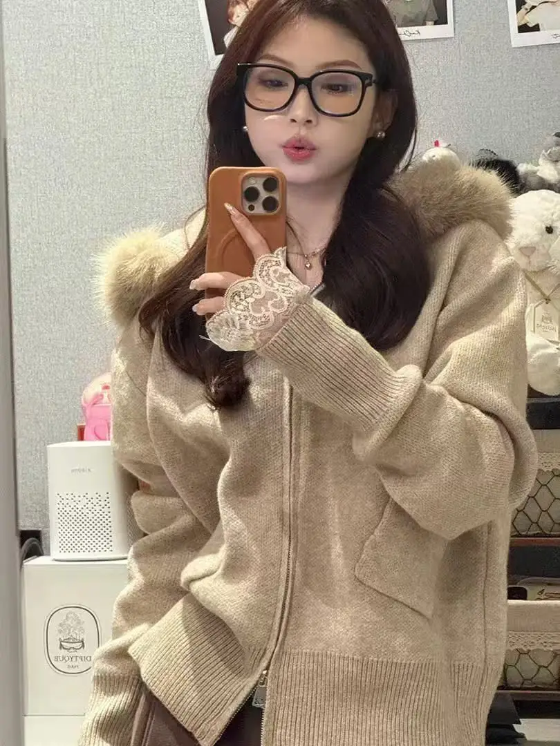 

Cardigans Y2K Woman Sweaters Womens Autumn Harajuku Knit Solid Casual Illusion-Two-Pieces Fur-Trim Edge Cable High-Collar Sleeve