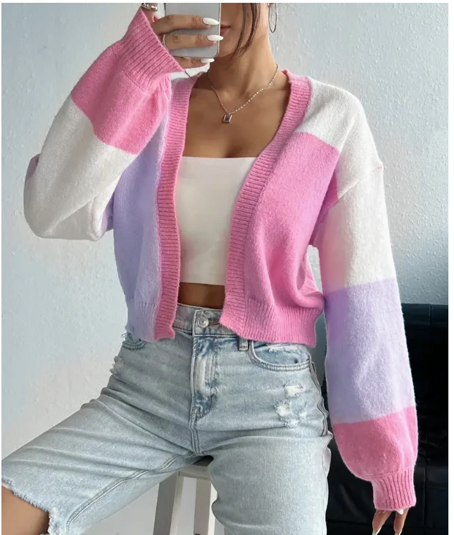 Ladies Fashionable Comfortable Sweater Cardigan Dopaamine Color Blocking Lightweight Autumn Winter Items
