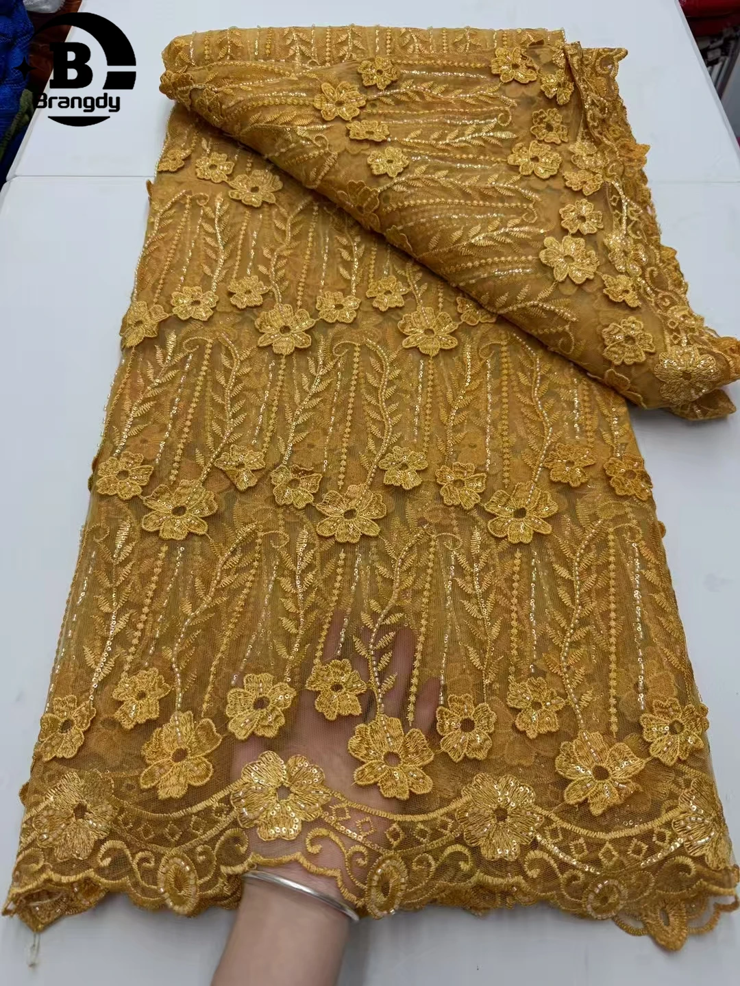 

Gold African 3D Flower Embroidery Lace Fabric 2025 High Quality Newest Nigerian French Sequins Lace Women Party Stitching