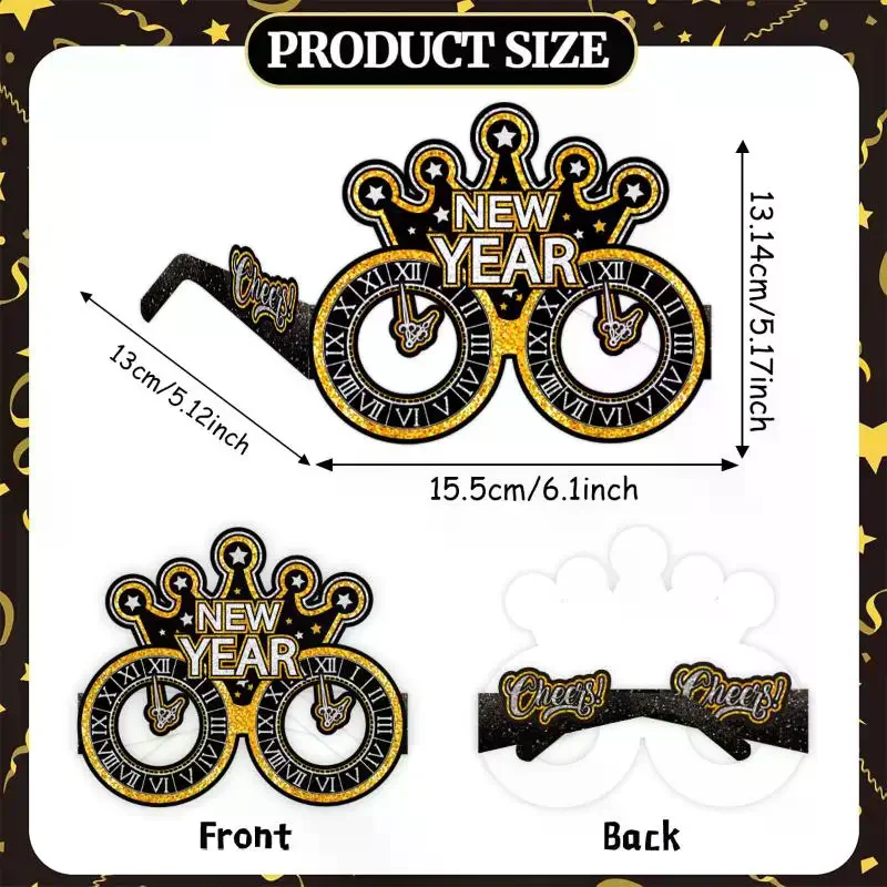 6 قطعة/المجموعة 2026 سنة جديدة سعيدة الذهب الأسود السنة الجديدة ورقة نظارات صور الدعائم