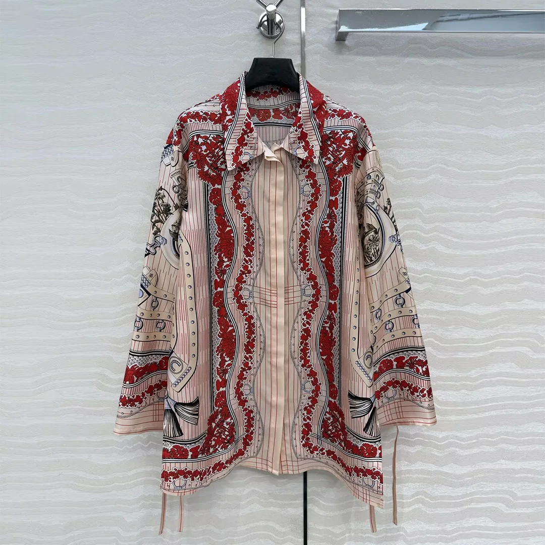 

2026 New Spring Fashion 100% Twill Silk Loose Long Shirt Women Vintage Ethnic Flower Print Lapel Long Sleeve Casual Blouses Top