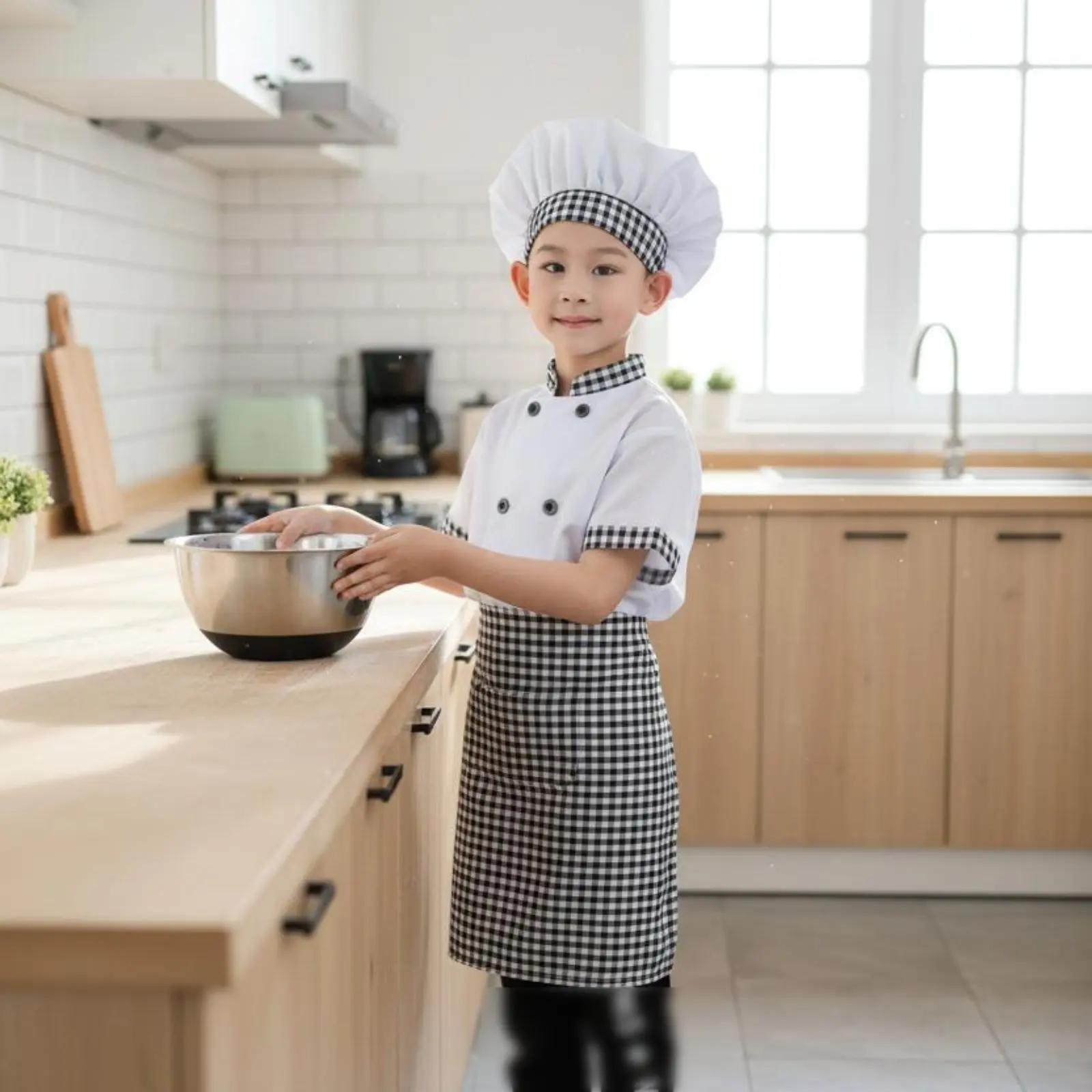 3 Pieces Kids Chef Costume Double Breasted Jacket Children's Cook Uniform Kids Baker Costume Gingham Trim for School Plays view 5