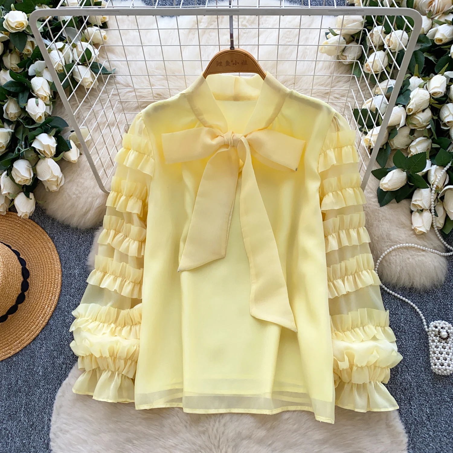 

ALPHALMODA 2026, French Style, Bow Tie, Fungus Edge, Long-sleeved, Mesh Shirt, for Women, Loose Casua,l Bottoming Shirt