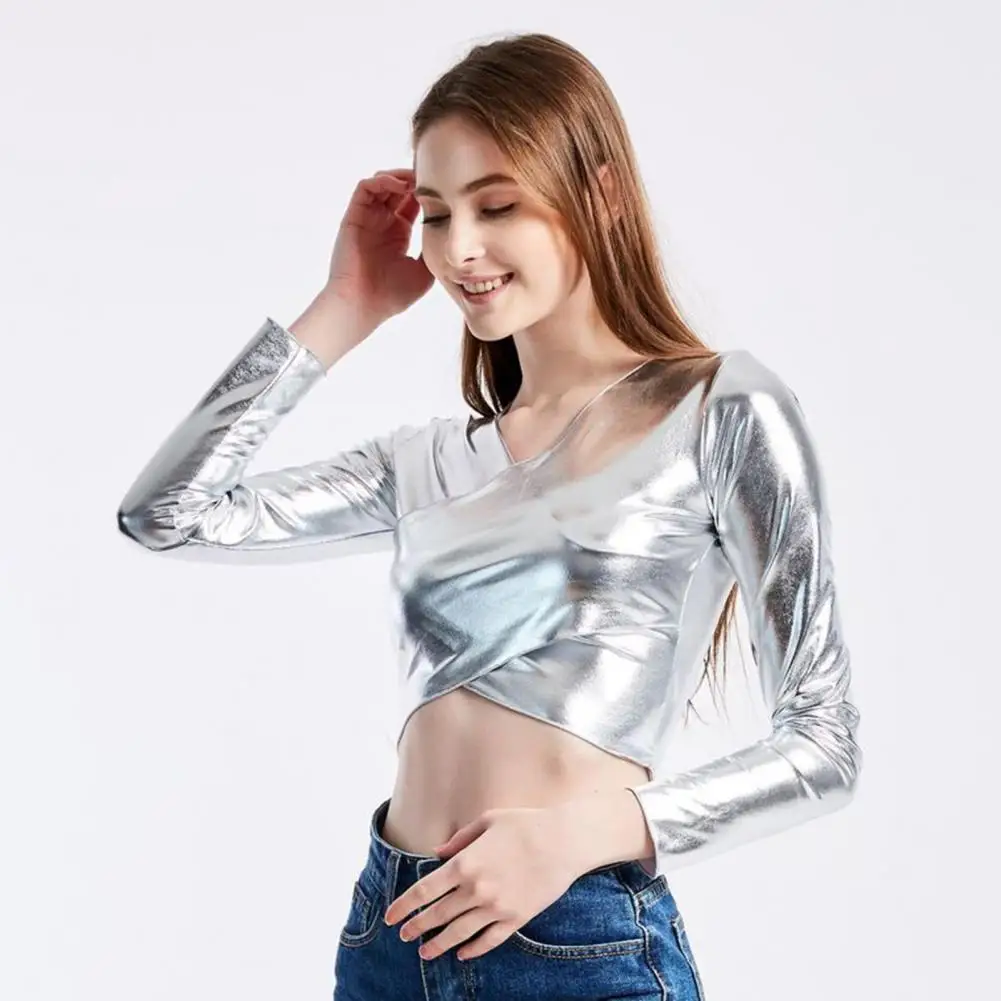 

Soft Stretchy Top V Neck Faux Leather Pullover Slim Fit Dance Blouse for Women Short Waist-exposed Long Sleeve Club Top