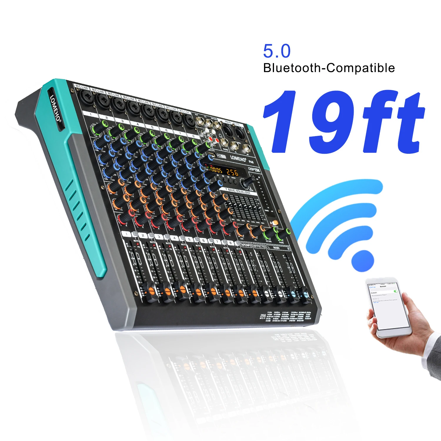 Lomeho 8 Mono Channels Sound Mixer 256 DSP Effects Bluetooth Mixing Console 7 Band EQ 48V 8 Way USB Aux Audio Table for Show PA8